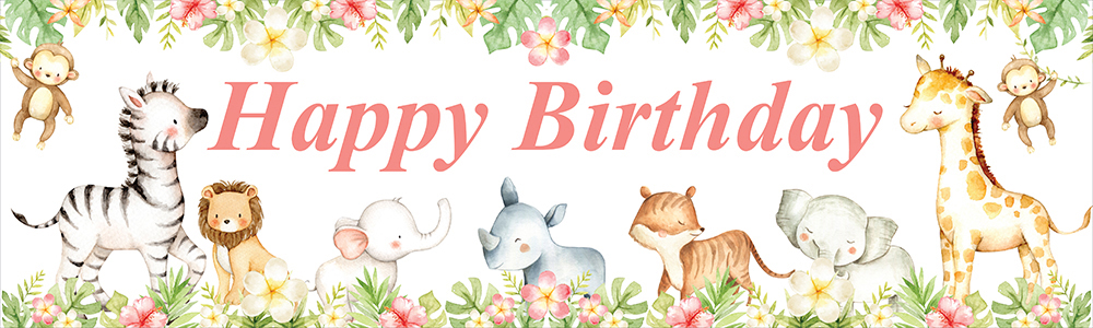 Happy Birthday Banner - Pink Flowers & Safari Animals