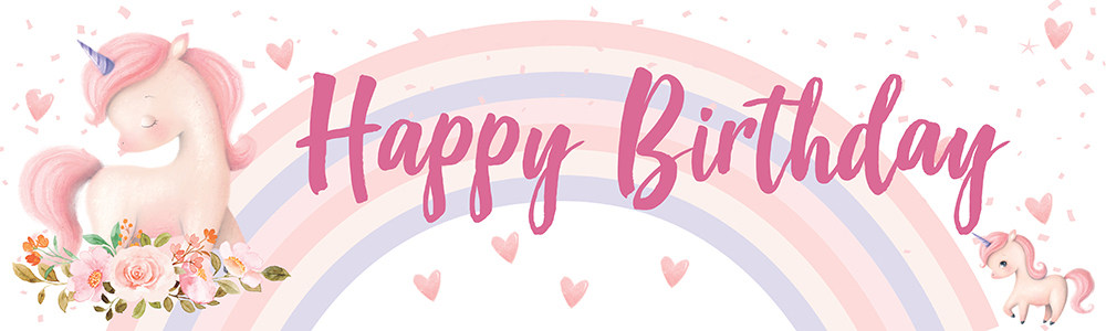 Happy Birthday Banner - Pink Hearts & Flower Unicorn