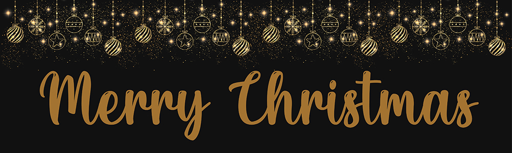 Merry Christmas Banner - Black & Gold Festive Baubles