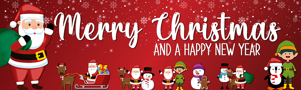 Merry Christmas Banner - Santa Elves & Snowman