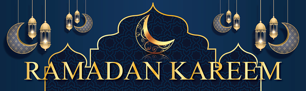 Ramadan Kareem Banner - Blue & Gold Mosque & Moon Design