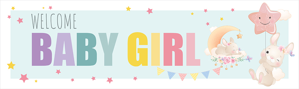 Welcome Baby Girl Banner - Bunny, Moon & Stars