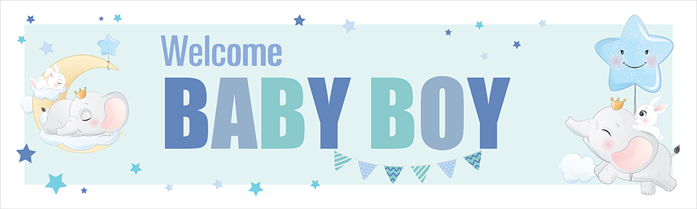 Welcome Baby Boy Banner - Moon & Stars Baby Elephant