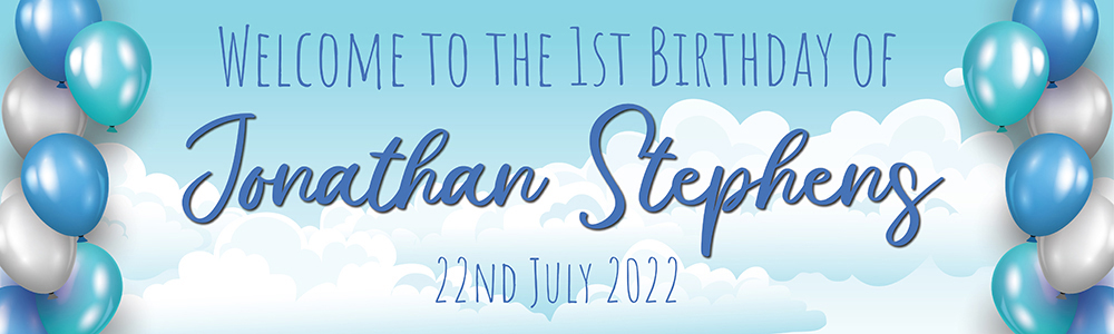 Personalised 1st Birthday Banner - Clouds & Blue Balloons - Custom Name & Date