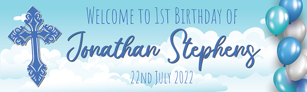 Personalised 1st Birthday Banner - Clouds & Blue Cross - Custom Name & Date
