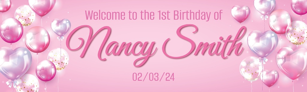 Personalised 1st Birthday Banner - Pink Balloons - Custom Name & Date