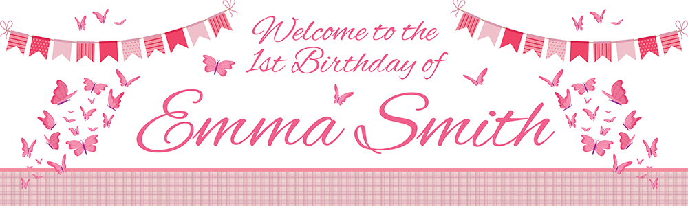 Personalised 1st Birthday Banner - Pink Butterflies - Custom Name