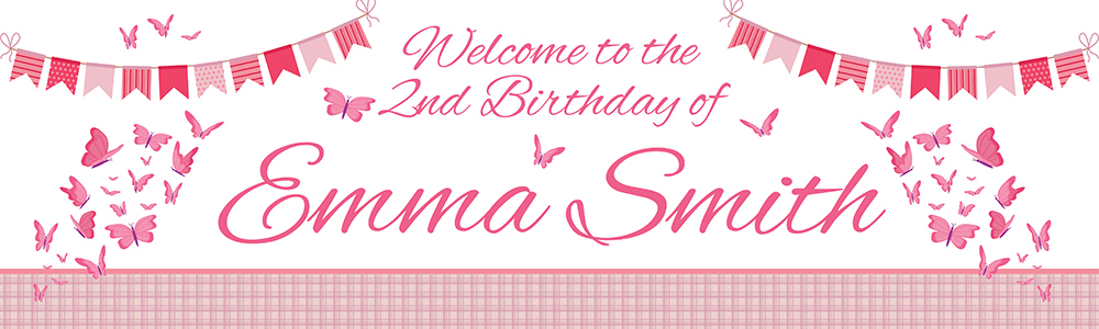 Personalised 2nd Birthday Banner - Pink Butterflies - Custom Name