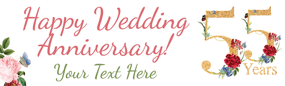 Personalised 55th Wedding Anniversary Banner - Floral Design - Custom Text