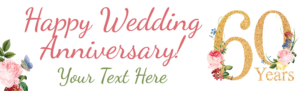 Personalised 60th Wedding Anniversary Banner - Floral Design - Custom Text