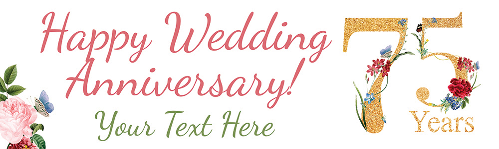 Personalised 75th Wedding Anniversary Banner - Floral Design - Custom Text