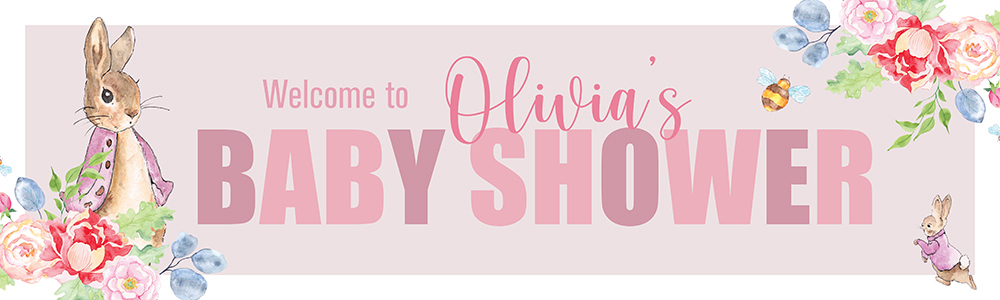 Personalised Baby Shower Banner - Pink Rabbit Floral Welcome - Custom Name