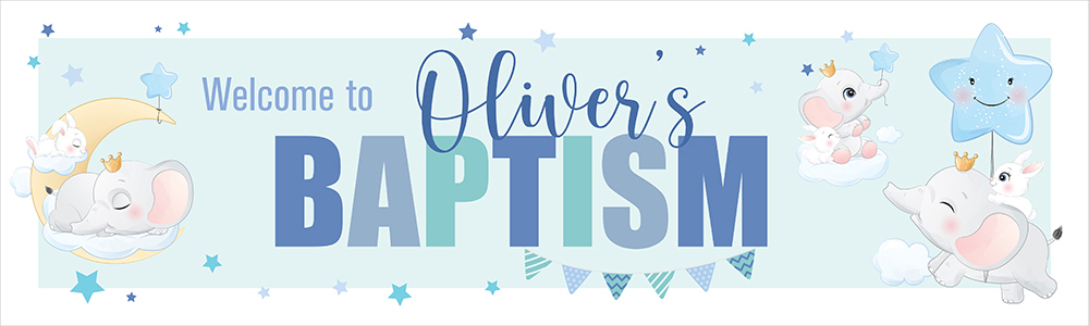 Personalised Baptism Banner - Blue & Baby Elephant - Custom Name