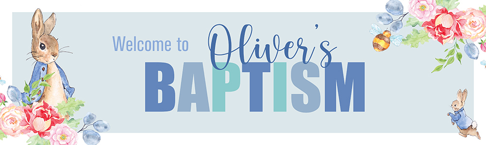 Personalised Baptism Banner - Blue Rabbit Welcome - Custom Name