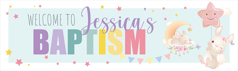 Personalised Baptism Banner - Bunny & Stars - Custom Name