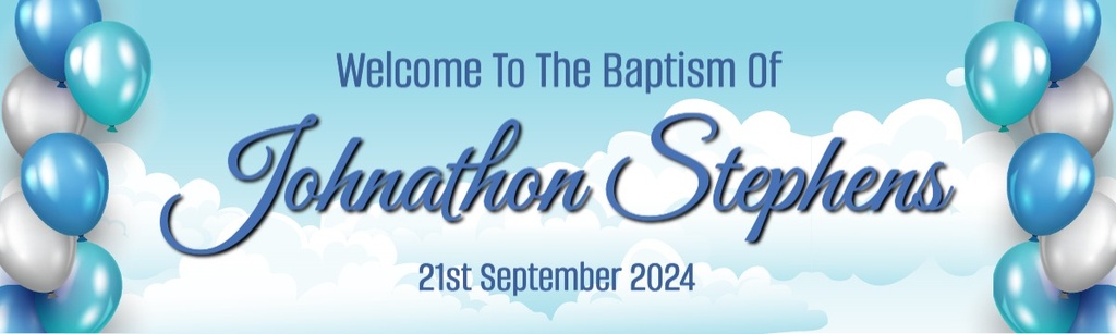 Personalised Baptism Banner - Clouds & Blue Balloons - Custom Name & Date