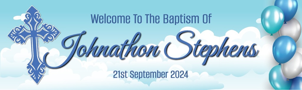 Personalised Baptism Banner - Clouds & Blue Cross - Custom Name & Date