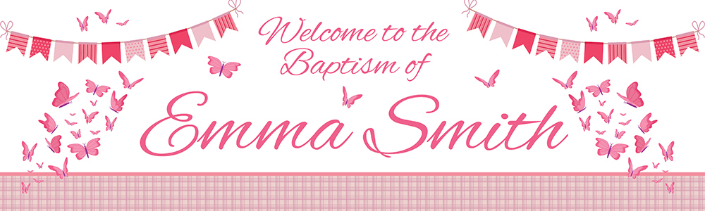 Personalised Baptism Banner - Pink Butterflies - Custom Name