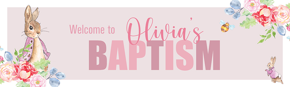 Personalised Baptism Banner - Pink Rabbit Floral Welcome - Custom Name