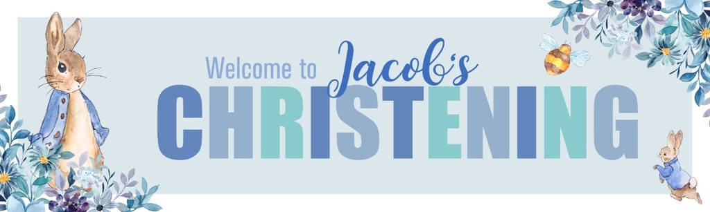 Personalised Christening Banner - Blue Rabbit Welcome - Custom Name