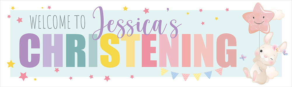 Personalised Christening Banner - Bunny & Stars - Custom Name