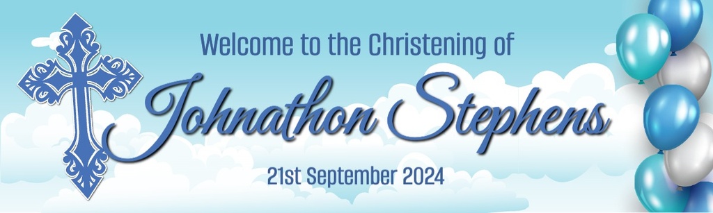 Personalised Christening Banner - Clouds & Blue Cross - Custom Name & Date