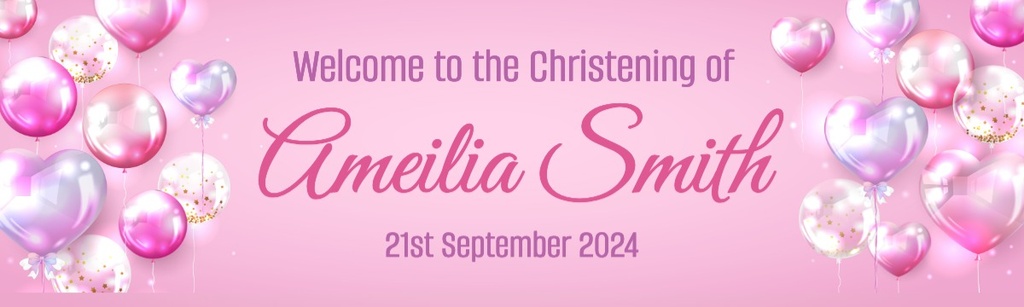 Personalised Christening Banner - Pink Balloons - Custom Name & Date