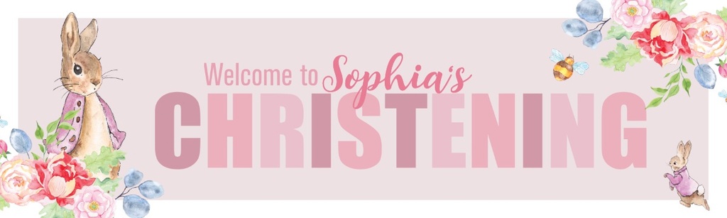 Personalised Christening Banner - Pink Rabbit - Custom Name