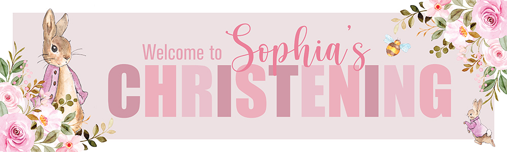 Personalised Christening Banner - Pink Rabbit Floral Welcome - Custom Name