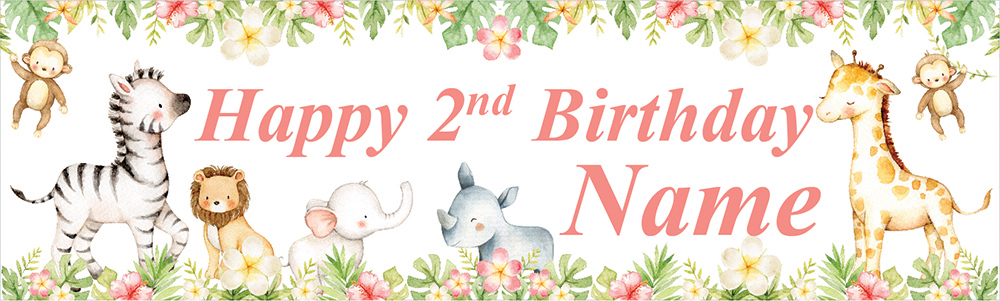 Personalised Happy 2nd Birthday Banner - Baby Safari Animals - Custom Name