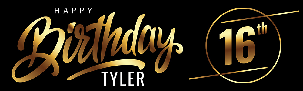 Personalised Happy 16th Birthday Banner - Black & Gold - Custom Name