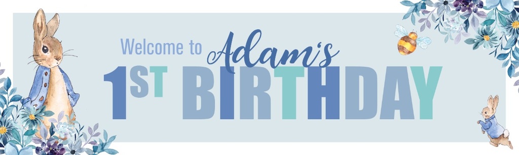 Personalised Happy 1st Birthday Banner - Blue Rabbit - Custom Name