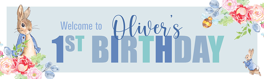 Personalised Happy 1st Birthday Banner - Blue Rabbit Welcome - Custom Name