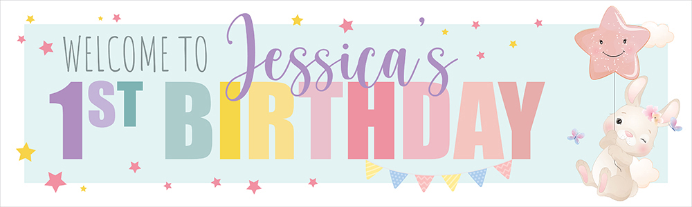 Personalised Happy 1st Birthday Banner - Bunny & Stars - Custom Name