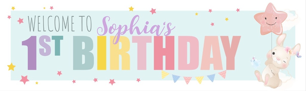 Personalised Happy 1st Birthday Banner - Bunny & Stars - Custom Name