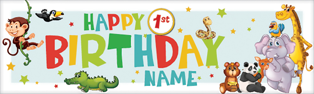 Personalised Happy 1st Birthday Banner - Jungle Animals - Custom Name