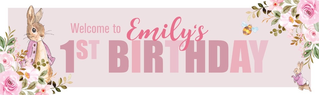 Personalised Happy 1st Birthday Banner - Pink Rabbit - Custom Name