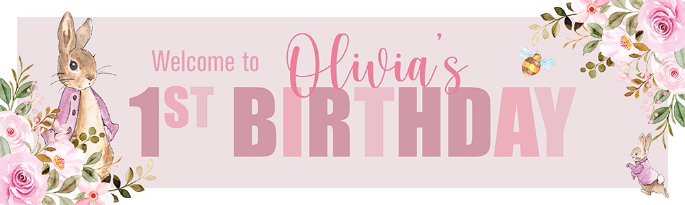 Personalised Happy 1st Birthday Banner - Pink Rabbit - Custom Name