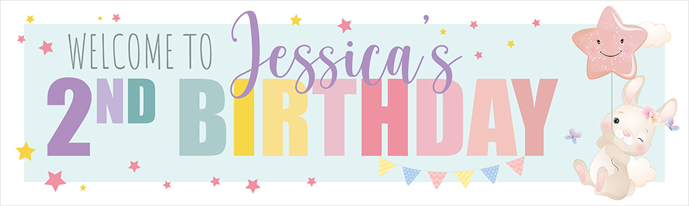 Personalised Happy 2nd Birthday Banner - Bunny & Stars - Custom Name