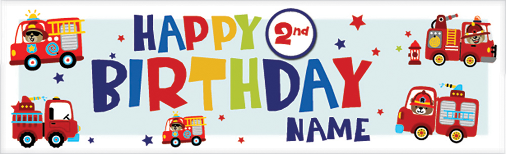 Personalised Happy 2nd Birthday Banner - Fire Engine - Custom Name