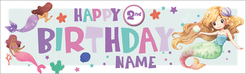 Personalised Happy 2nd Birthday Banner - Mermaid - Custom Name
