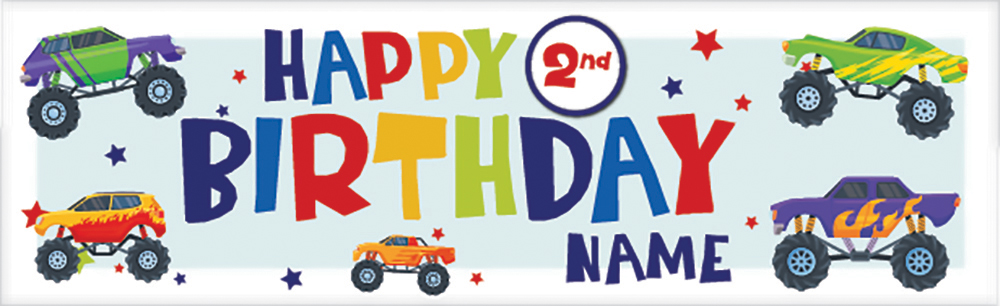 Personalised Happy 2nd Birthday Banner - Monster Truck - Custom Name