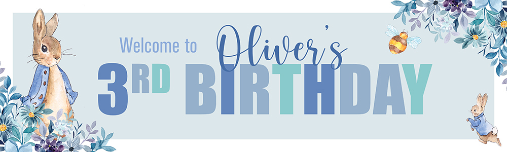 Personalised Happy 3rd Birthday Banner - Blue Rabbit - Custom Name