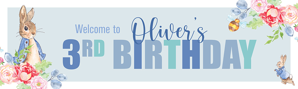 Personalised Happy 3rd Birthday Banner - Blue Rabbit Welcome - Custom Name