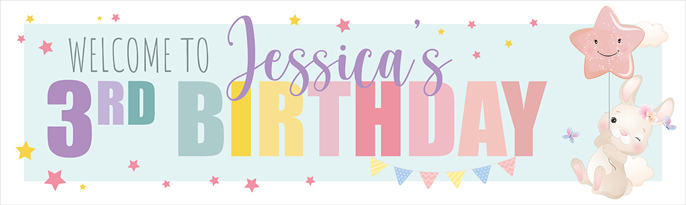 Personalised Happy 3rd Birthday Banner - Bunny & Stars - Custom Name