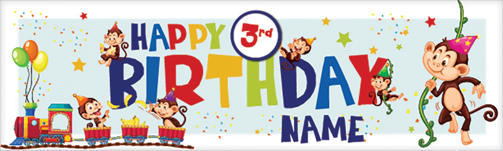 Personalised Happy 3rd Birthday Banner - Monkey Train - Custom Name