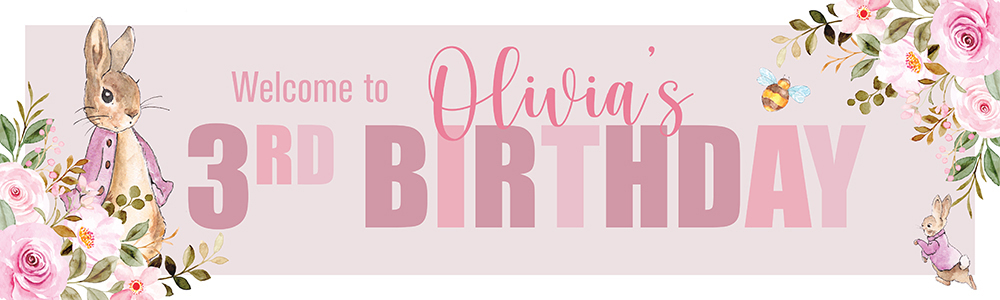 Personalised Happy 3rd Birthday Banner - Pink Rabbit - Custom Name