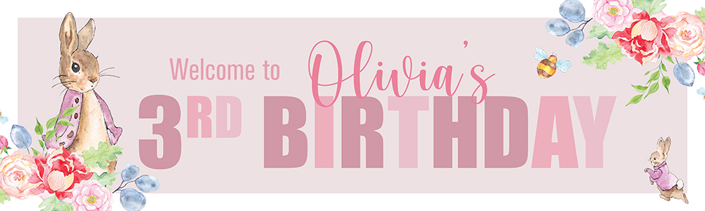 Personalised Happy 3rd Birthday Banner - Pink Rabbit Floral Welcome - Custom Name