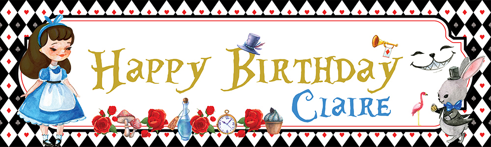 Personalised Happy Birthday Banner - Alice In Wonderland Party - Custom Name