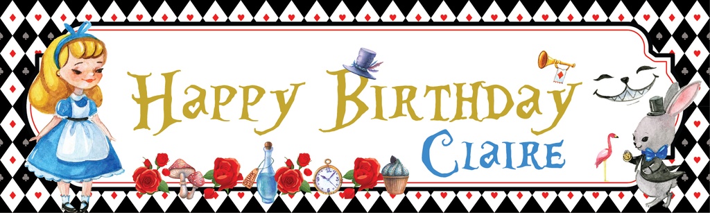 Personalised Happy Birthday Banner - Alice In Wonderland Party - Custom Name